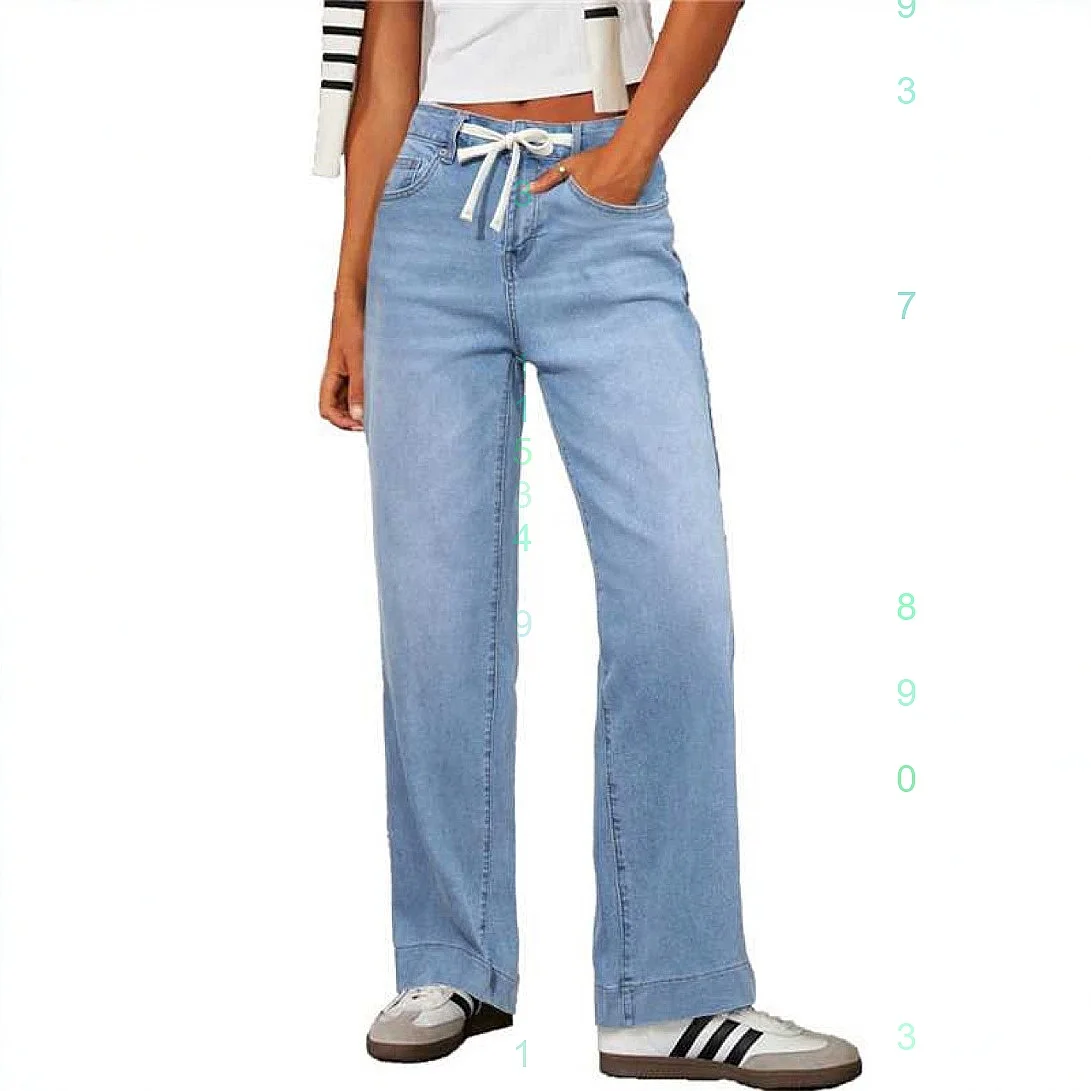 Cross Stitch Denim Jeans High Waist Stretchy Straight Leg Loose Drawstring Jeans