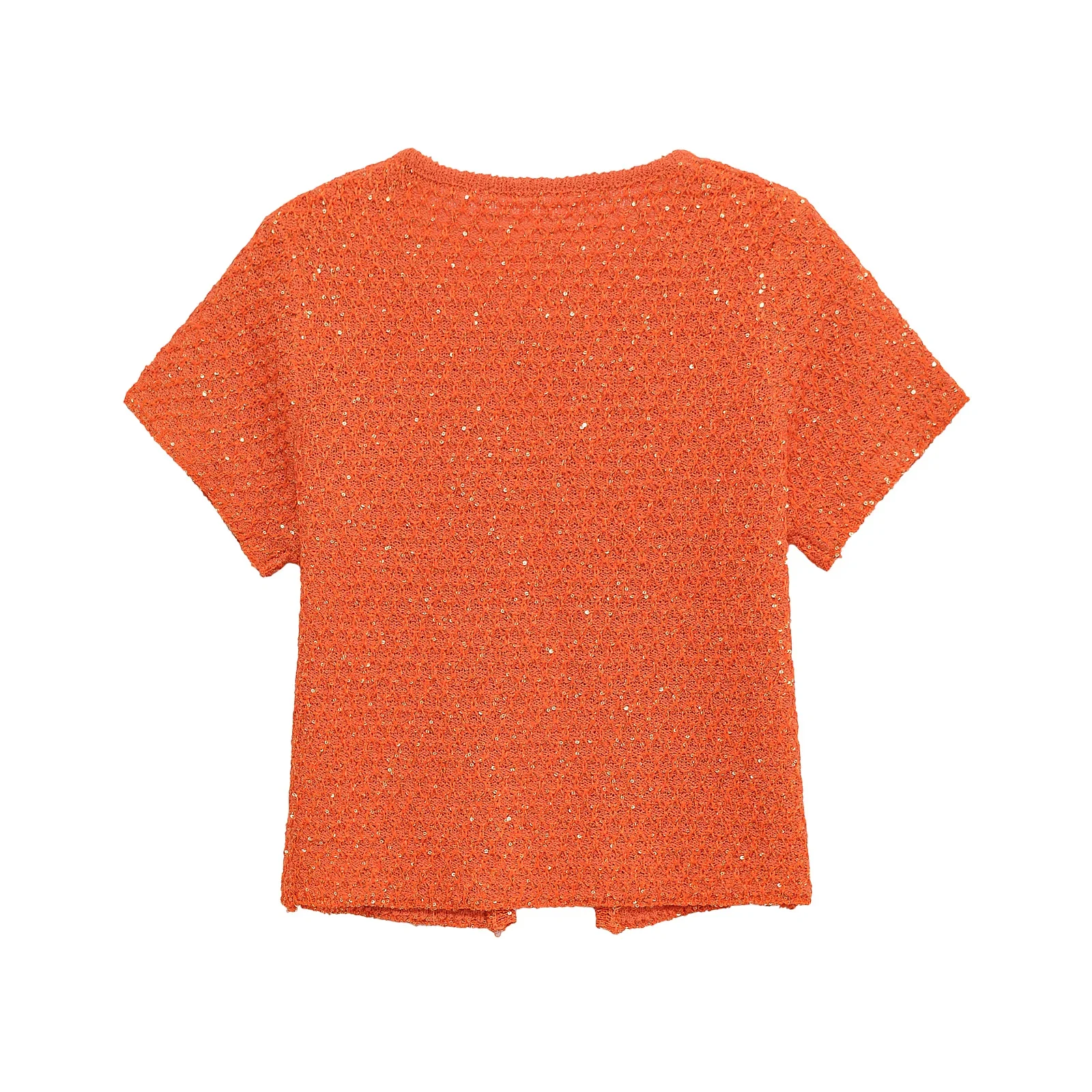 

Women's Fashion Summer Orange Knitwear Short Sleeve O-Neck One Button Sweater Top Knit Sequins Cardigan Women 9598092