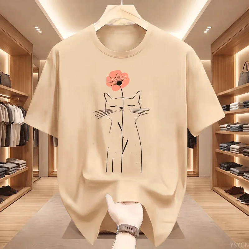 Minimalist Cat Flower T-Shirt Men Women Ladies Cute Cat Lover Floral Line Art Tee Summer Short Sleeve T Shirt Woman Clothing