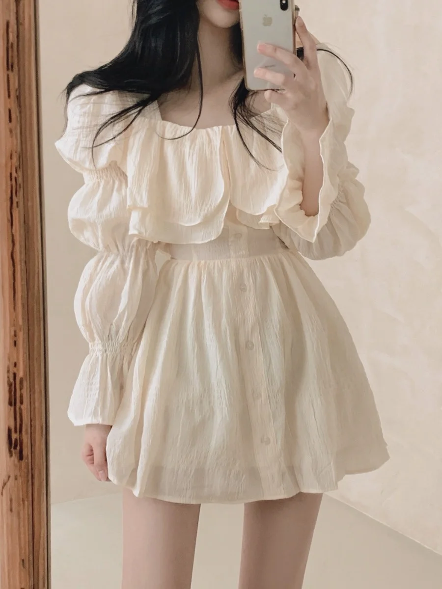 

Chic ort Princ Sve Dr Women's Faion Spring Autumn Gentle Wind Square Collar Gathered Waist Slimming Skirt