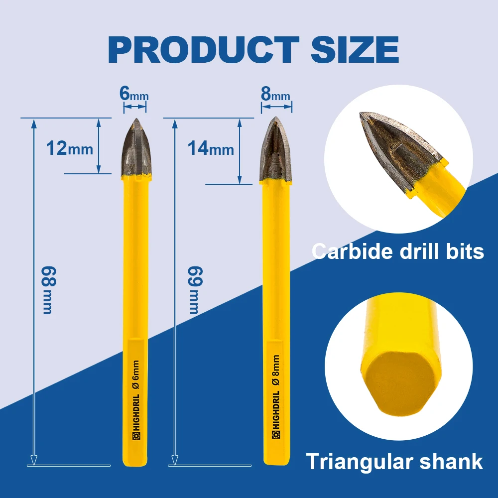 HIGHDRIL Diamond 6/8mm Positioning Drill bit Carbide Hole Saw 5pcs Triangle For Wood Plastic Masonry Porcelain Tile Concrete