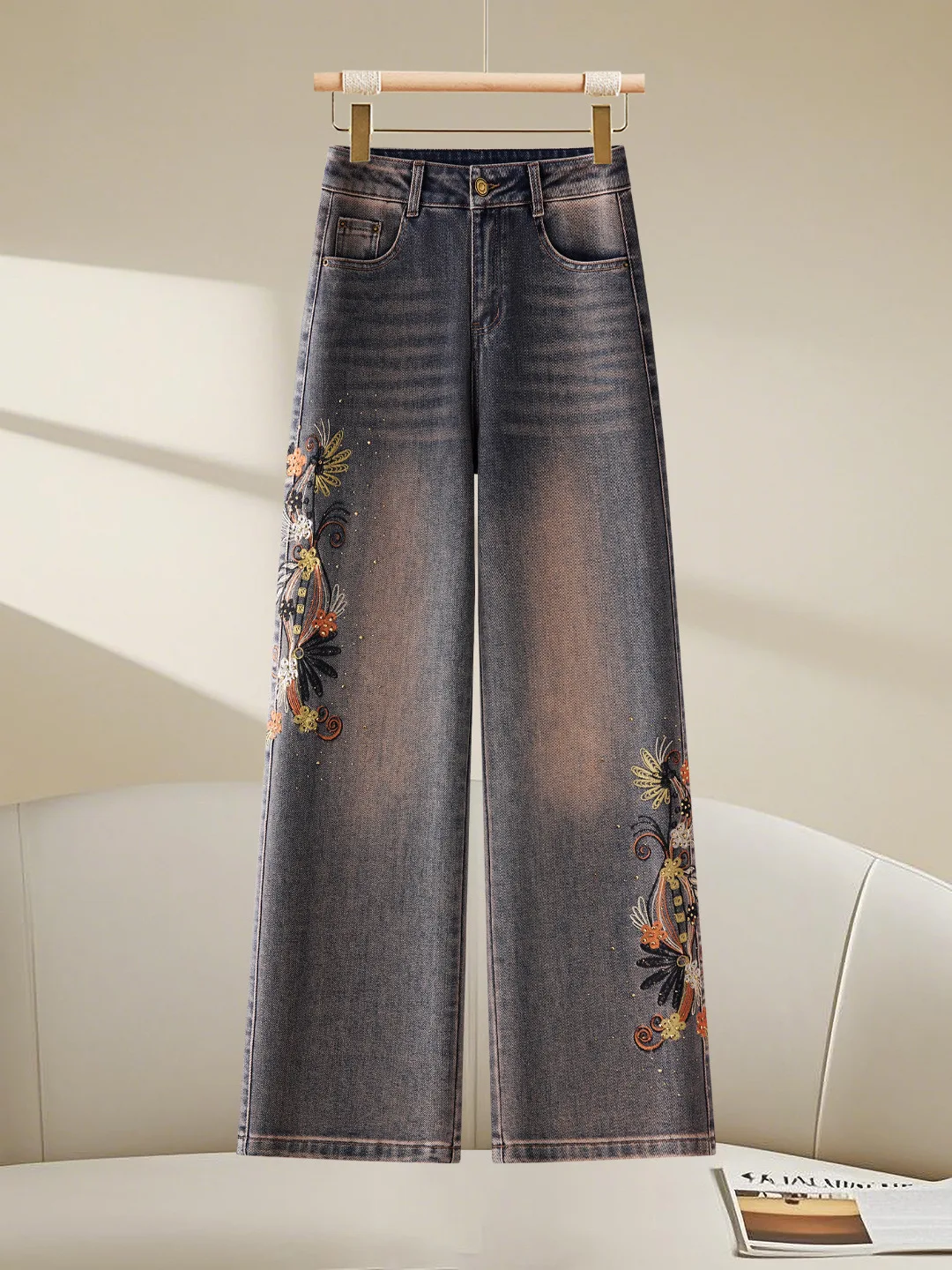 

Джинсы с высокой талией, вышивкой и широкими штанинами, с цветочным узором, женские, премиум-класса, модные, осенне-зимние