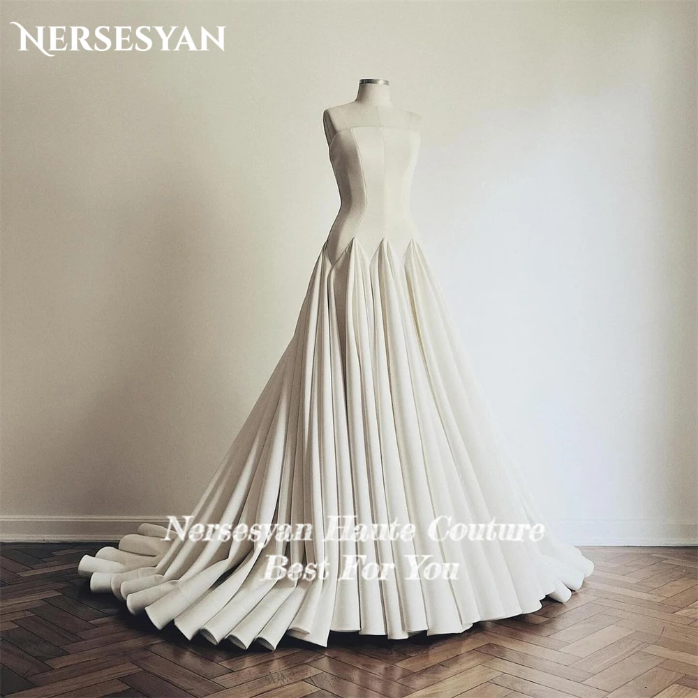 Nersesyan-vestidos de novia Vintage de satén liso, traje de novia plisado con volantes, hombros descubiertos, sin tirantes, espalda descubierta