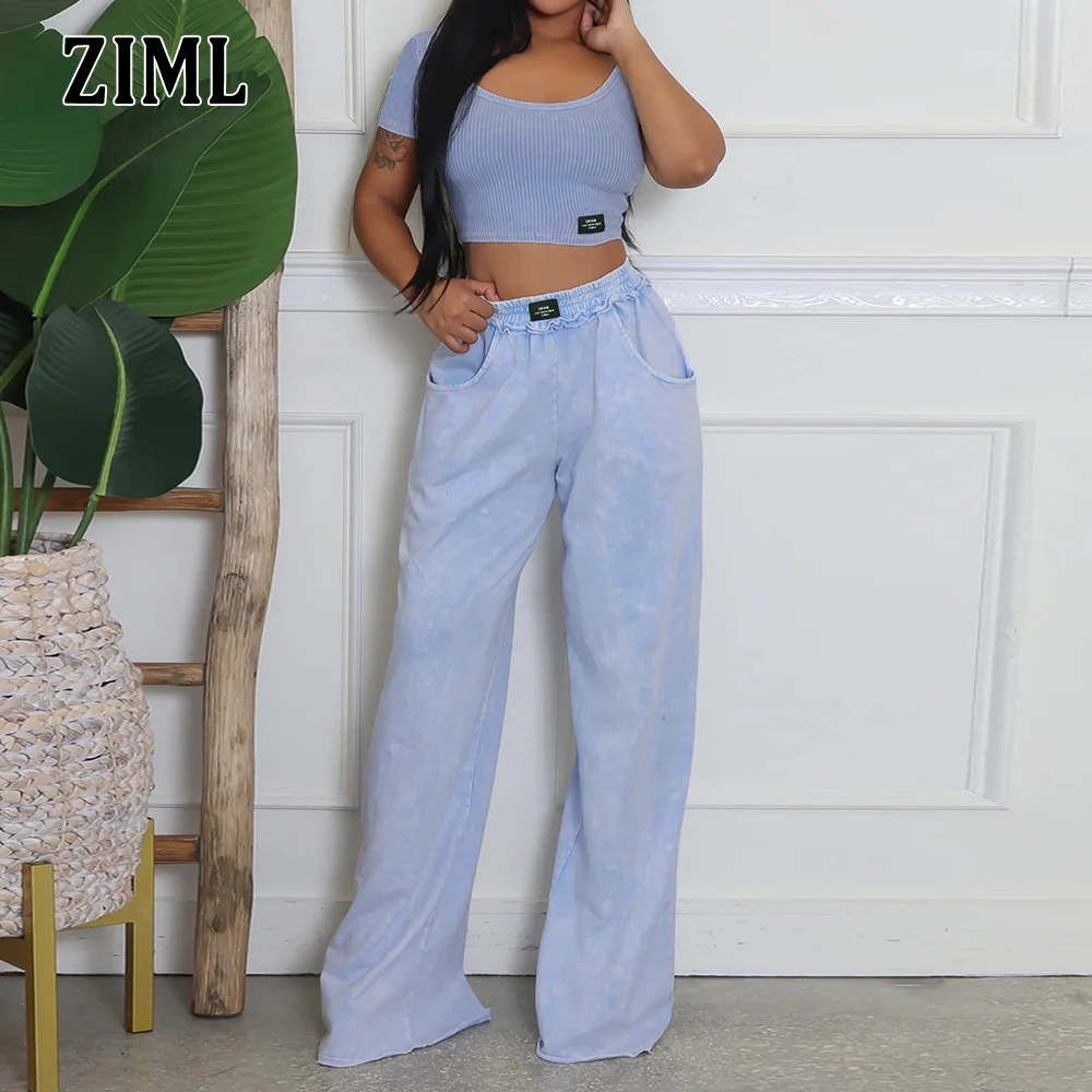 

ZIML Solid Elegant Two Pieces Set for Women Square Collar Short Sleeves Tops Hight Waist Fold Pants Temperament Set Female Style