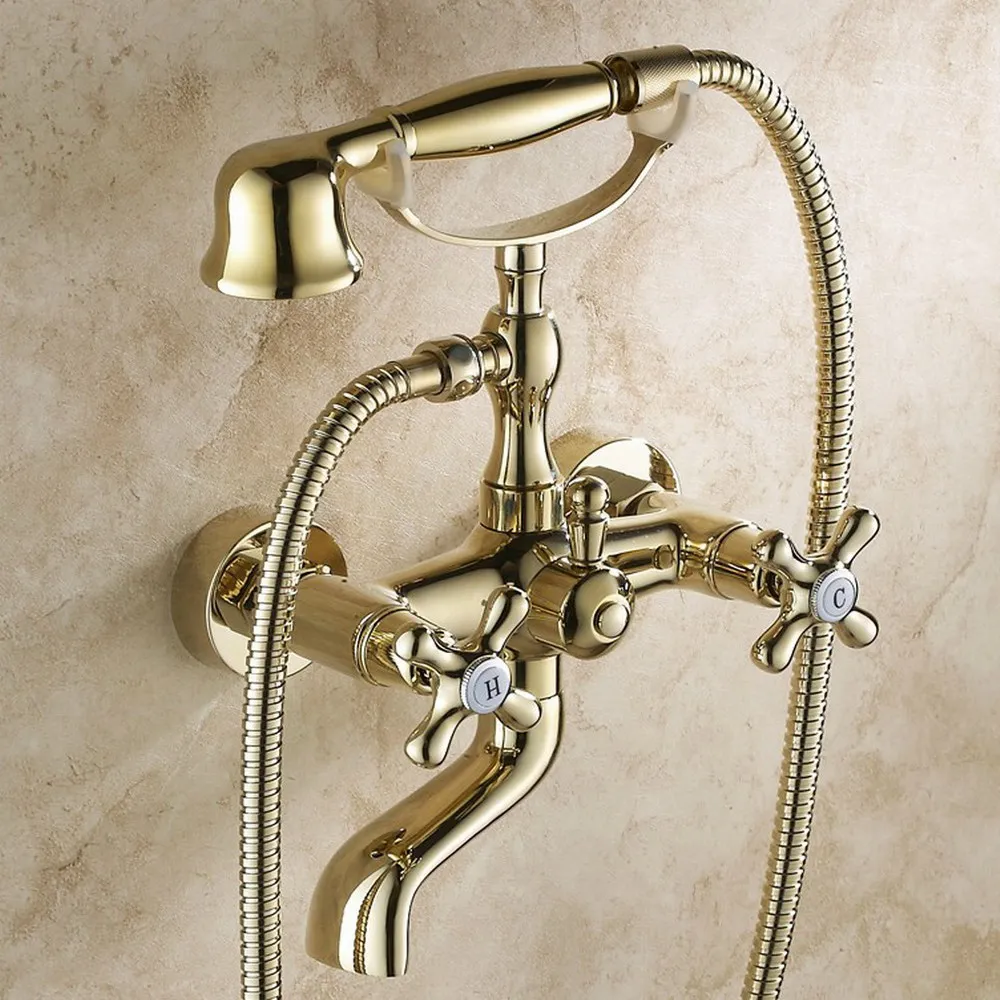 Luxury Gold Color Brass Wall Mount Bathtub Faucet Dual Handles Swivel Spout Mixer Tap with Hand Sprayer Ntf081