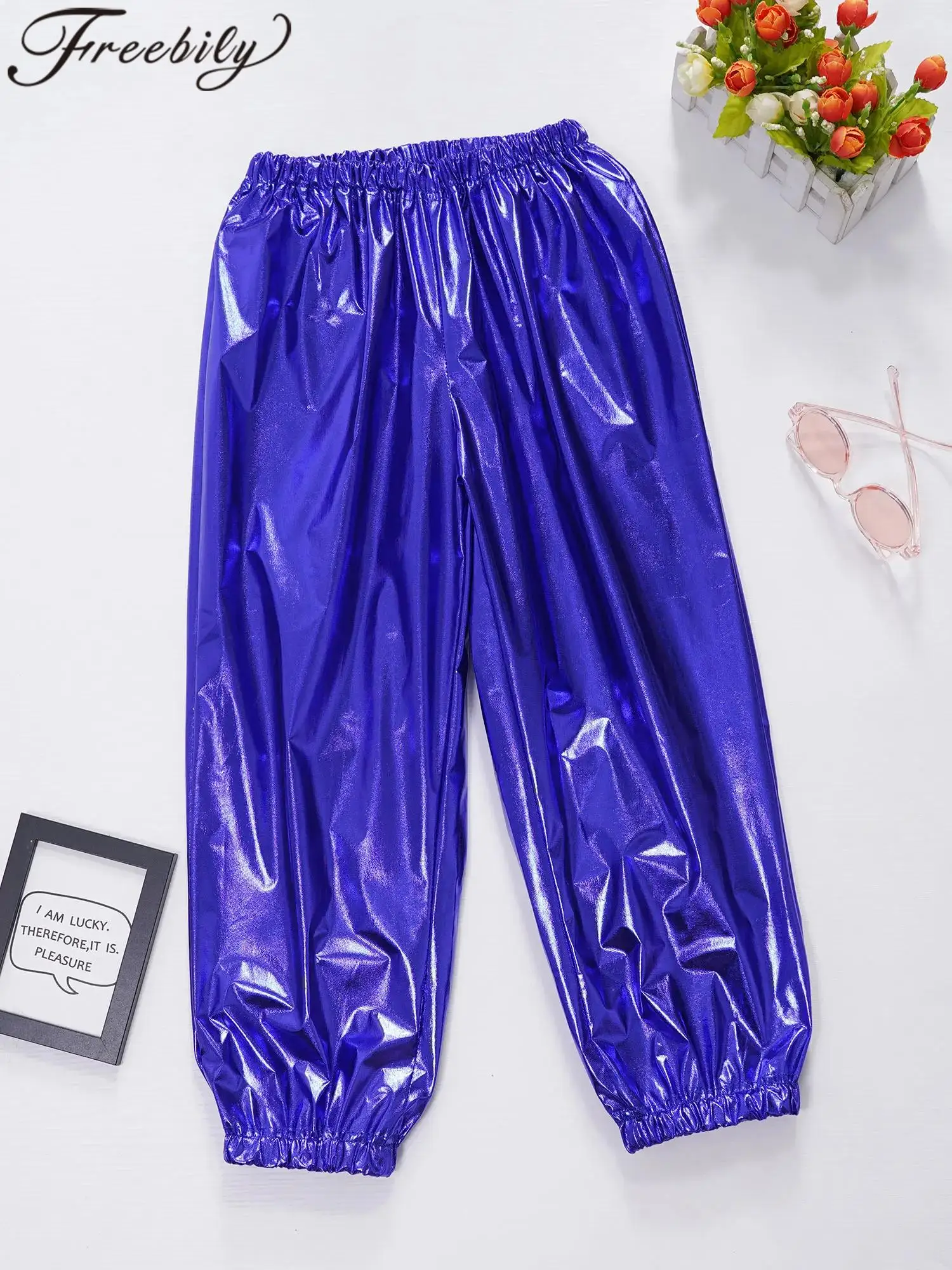 

Современная уличная танцевальная одежда в стиле хип-хоп для детей, металлические брюки-шаровары для мальчиков и девочек, костюмы для джазовых танцев, блестящие брюки с эластичной талией