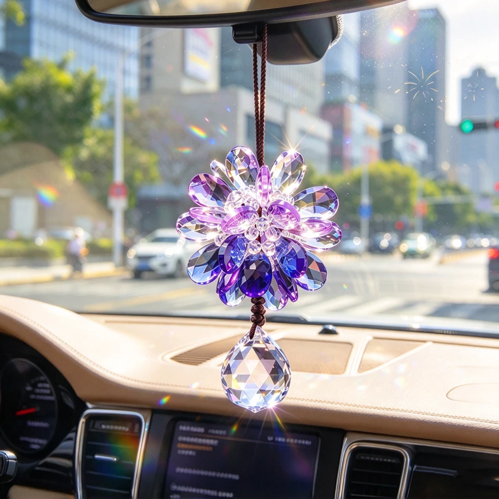K9 Crystal Hanging Petal Bling Suncatcher Prism Ball Car Rear View Mirror Pendant Rainbow-like Reflection Feng Shui Window Decor