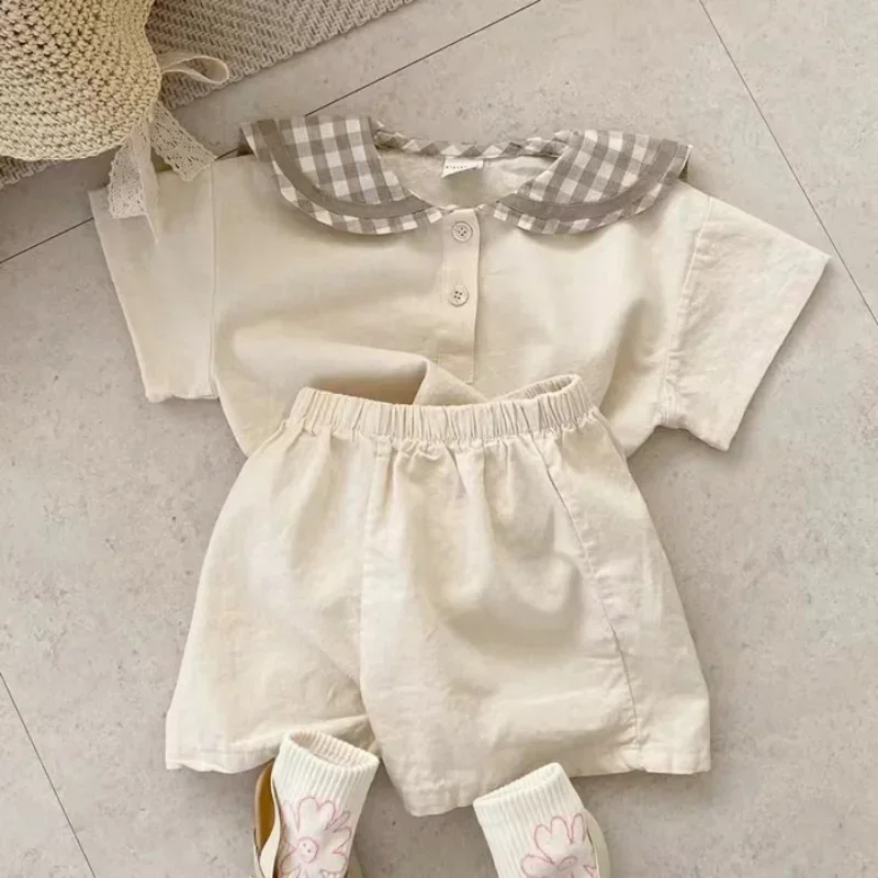 2024 Summer New Baby Navy Collar Plaid Clothes Set Children Short Sleeve Tops + Shorts 2pcs Suit For Boys Girls Infant Outfits