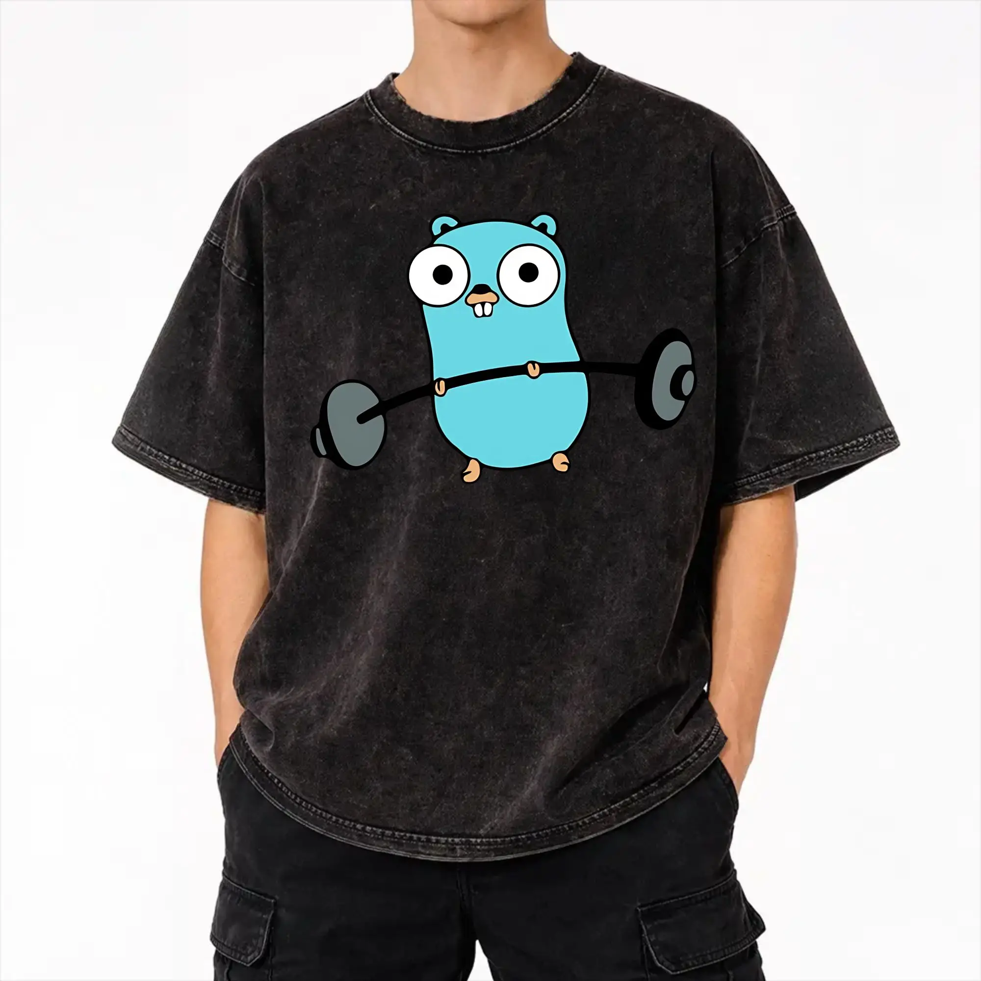 Summer Golang Gopher  Go Workout  Washed T Shirt Merch Oversize T-Shirts  Men Women Tee Shirt