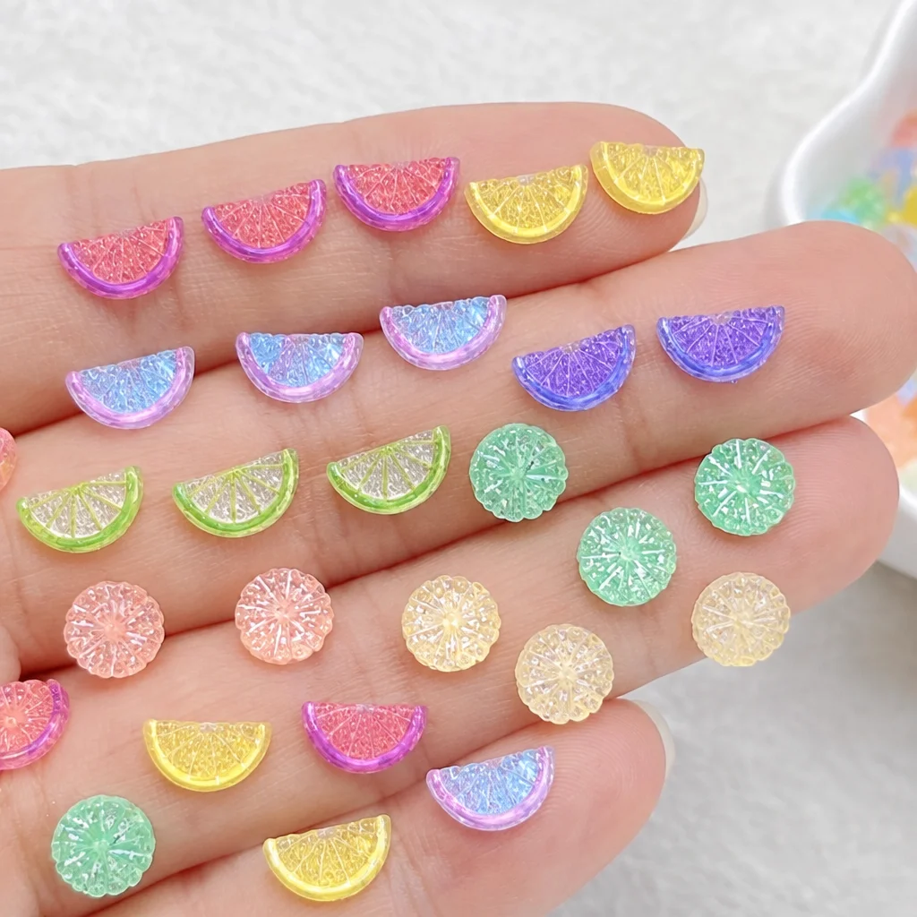 50pcs Iridescent Resin Lemon Slices Nail Charms Translucent Realistic Citrus Lemon Nail Rhinestones Orange Slice Summer Parts