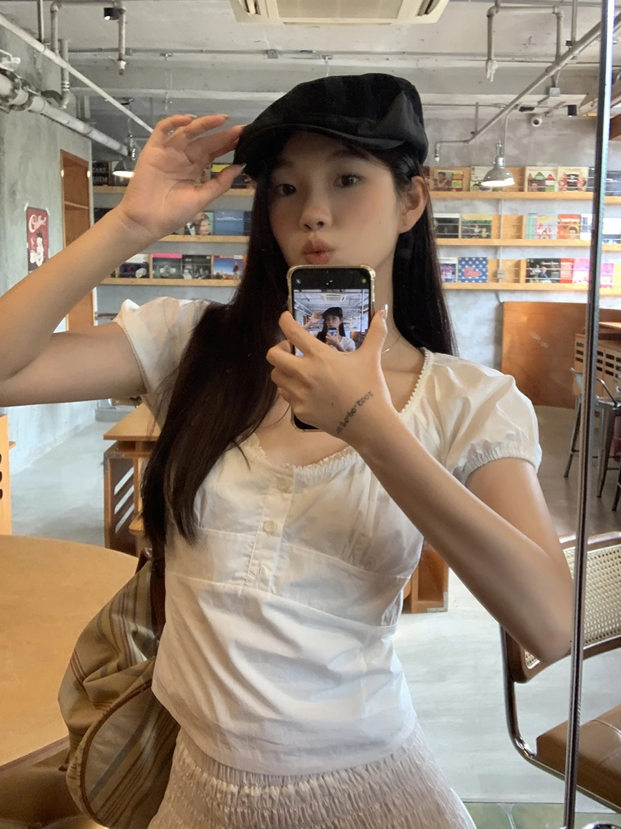 Csa Blanca de Manga Corta para Mujer, Estilo Veraniego, Ajustada, con Cintura Ajustada, Estilo Corto, Transpirable, de A...