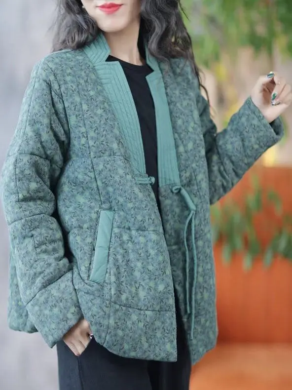 

Retro Floral Cotton Jaet Women's Winter New Chinese Sle National Wind Button Tassel V-ne Inter Warm Cotton Clothes