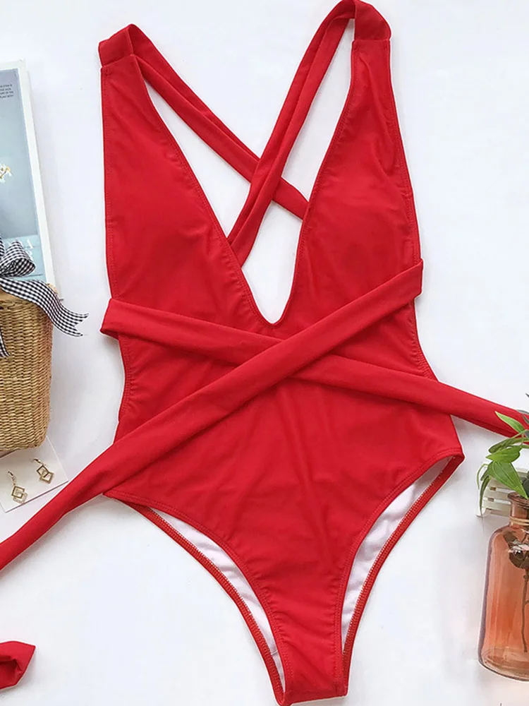 Plunging Women Swimsuit One Piece Sexy Swimwear 2023 Red Swimming Suit Monokini Crisscross Bathing Suits Beachwear