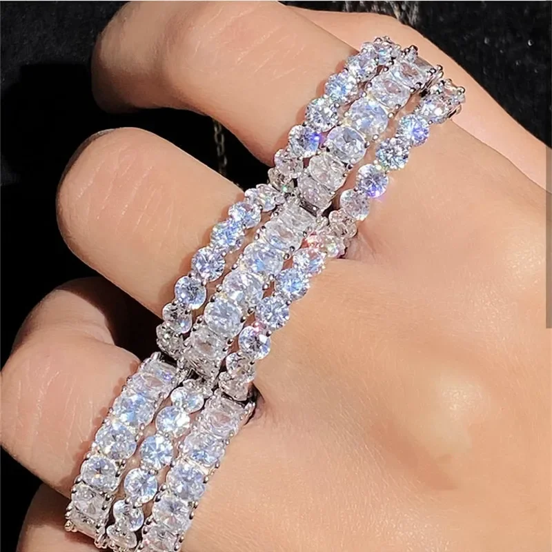 Set di anelli a fascia originali per donna uomo ARGENTO 925 PAVE SETTING COMPLETO diamante simulato ETERNITY FIDAZIONE WEDDING Anello in pietra