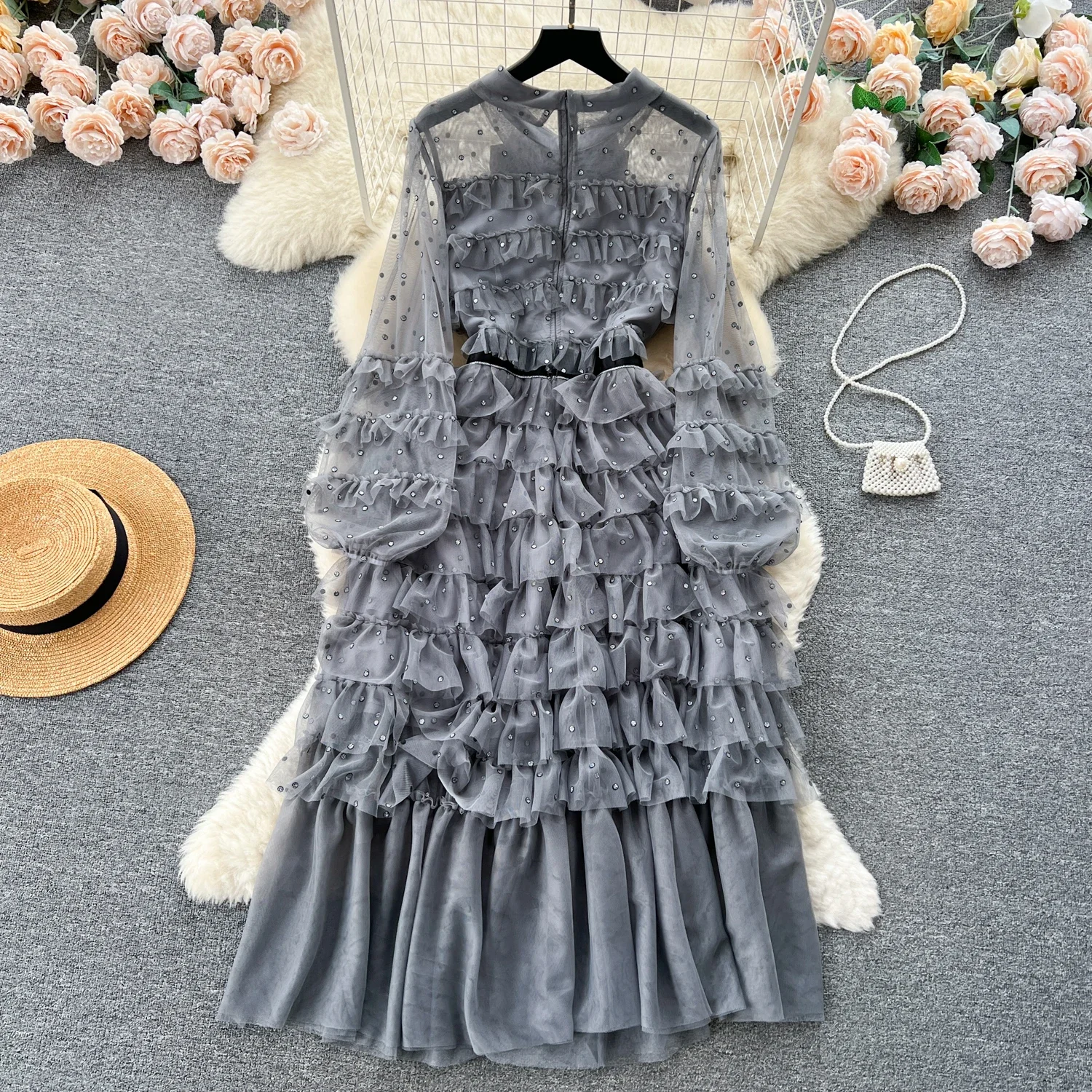 French Vintage Gauze Rhinestone O-neck Patchwork Folds Bow Puff Sleeves Long Sleeves Dress Casual Women Fashion Autumn Dress