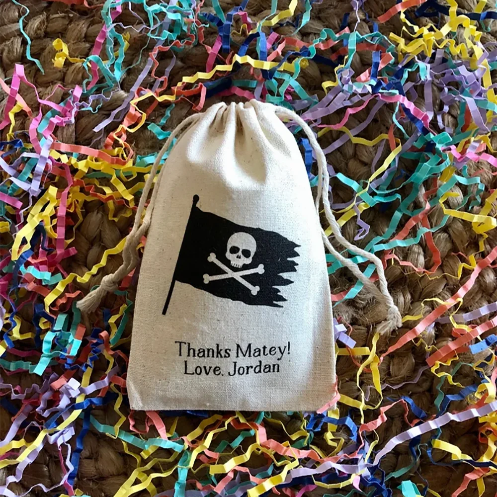 3pcs Personalized custom Pirate Flag Party Favors Muslin Cotton drawstring bag Children birthday gift travel Them Party Supplies