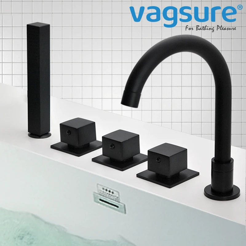 

Black Brass Waterfall Bathtub Faucet Widespread Tub Sink Tap Three Handles Hot Cold Water Mixer Bathroom Shower Faucet 5PCS Set