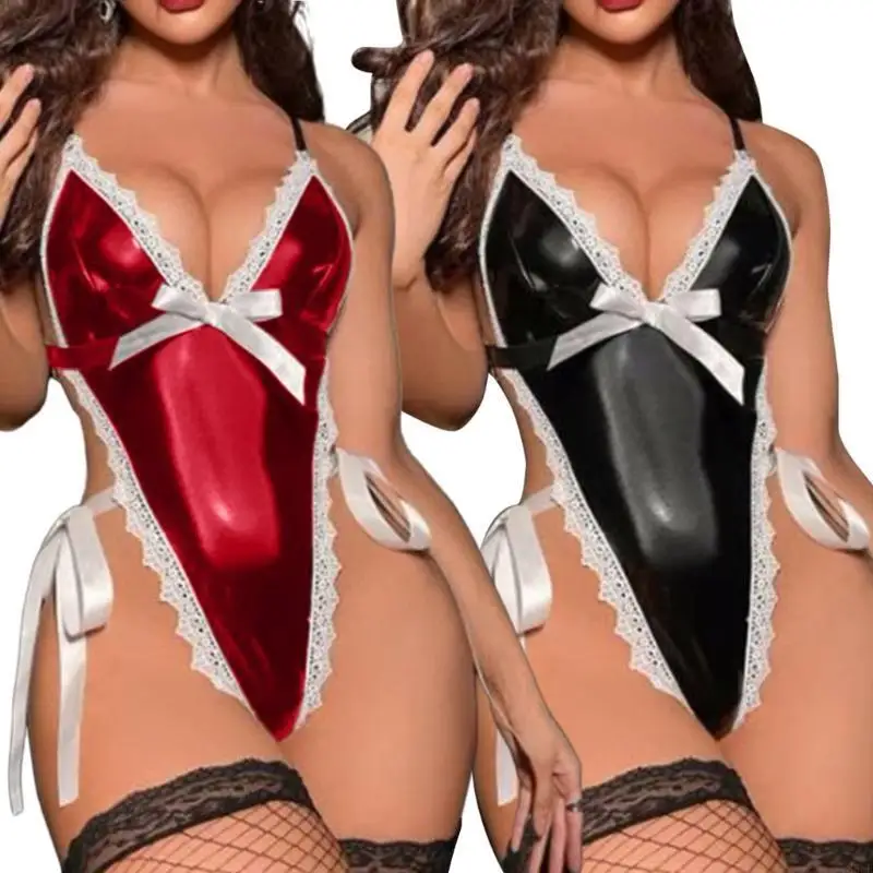 

85WE Women Pieced Lingerie Sexy Spaghetti Straps Leather Babydoll Mesh Bodysuit Sleepwear Mini Teddies Bodysuit Sleepwear