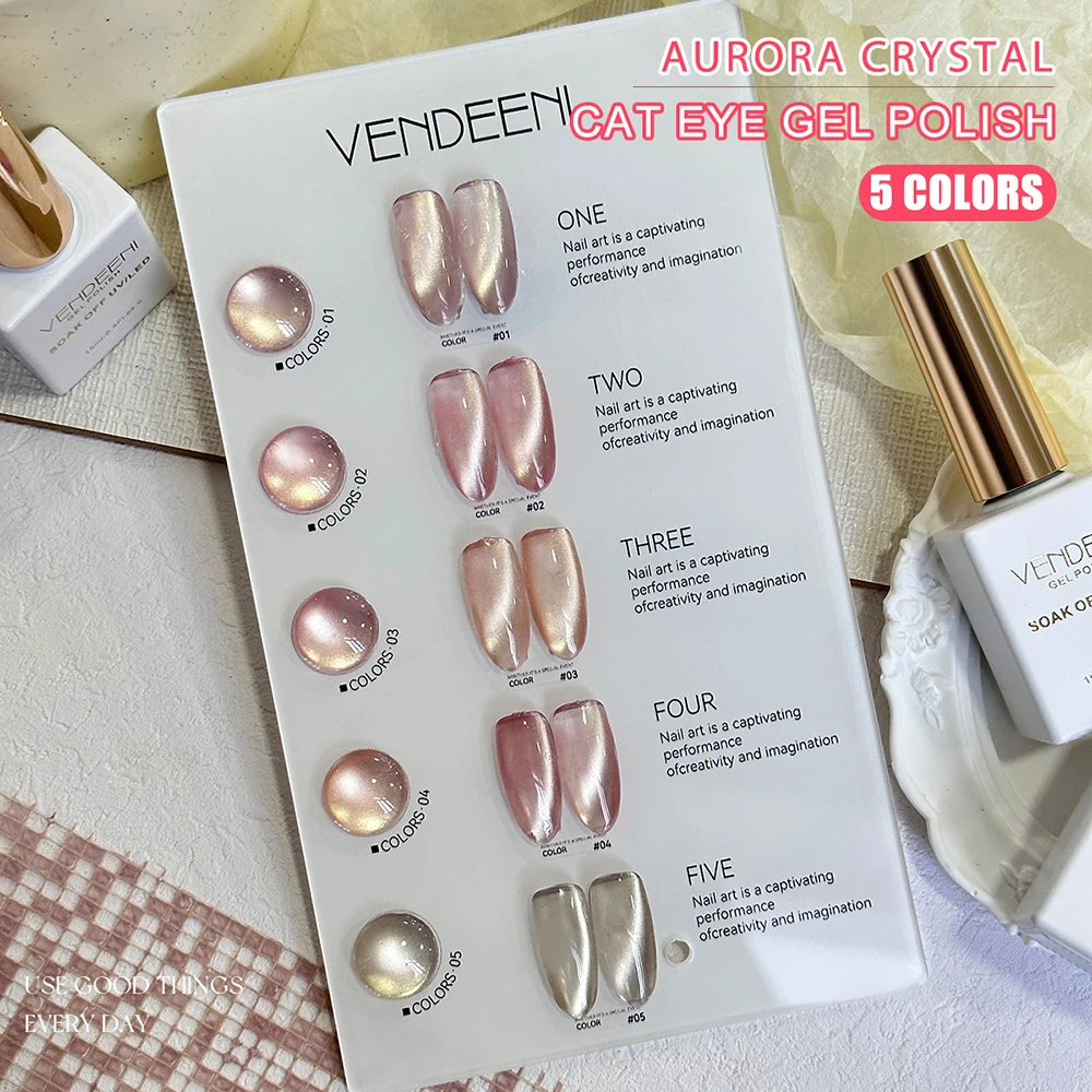 Vendeeni 5 Farben Pfirsichrosa Kristall-Katzenaugen-Gel-Nagellack-Set Magnetischer UV-LED-Gel-Lack Glasperlen-Katzenaugen-Gel mit Display – Detail 9