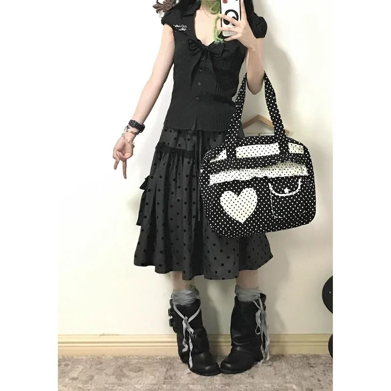 Jupe grise imprimée à pois pour femmes, Vintage Y2k, poches esthétiques, ligne a, mi-longue, mode gothique, polyvalente