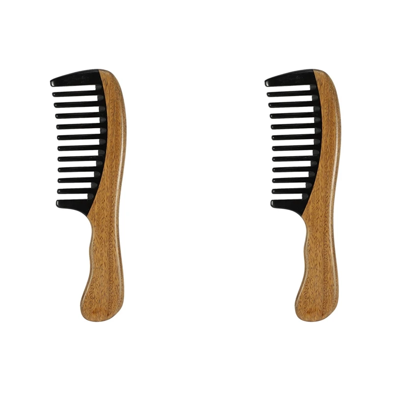 

2X Green Sandalwood Hair Comb No Static Detangling Natural Aroma Handmade Wooden Buffalo Horn Comb Fine Tooth Comb