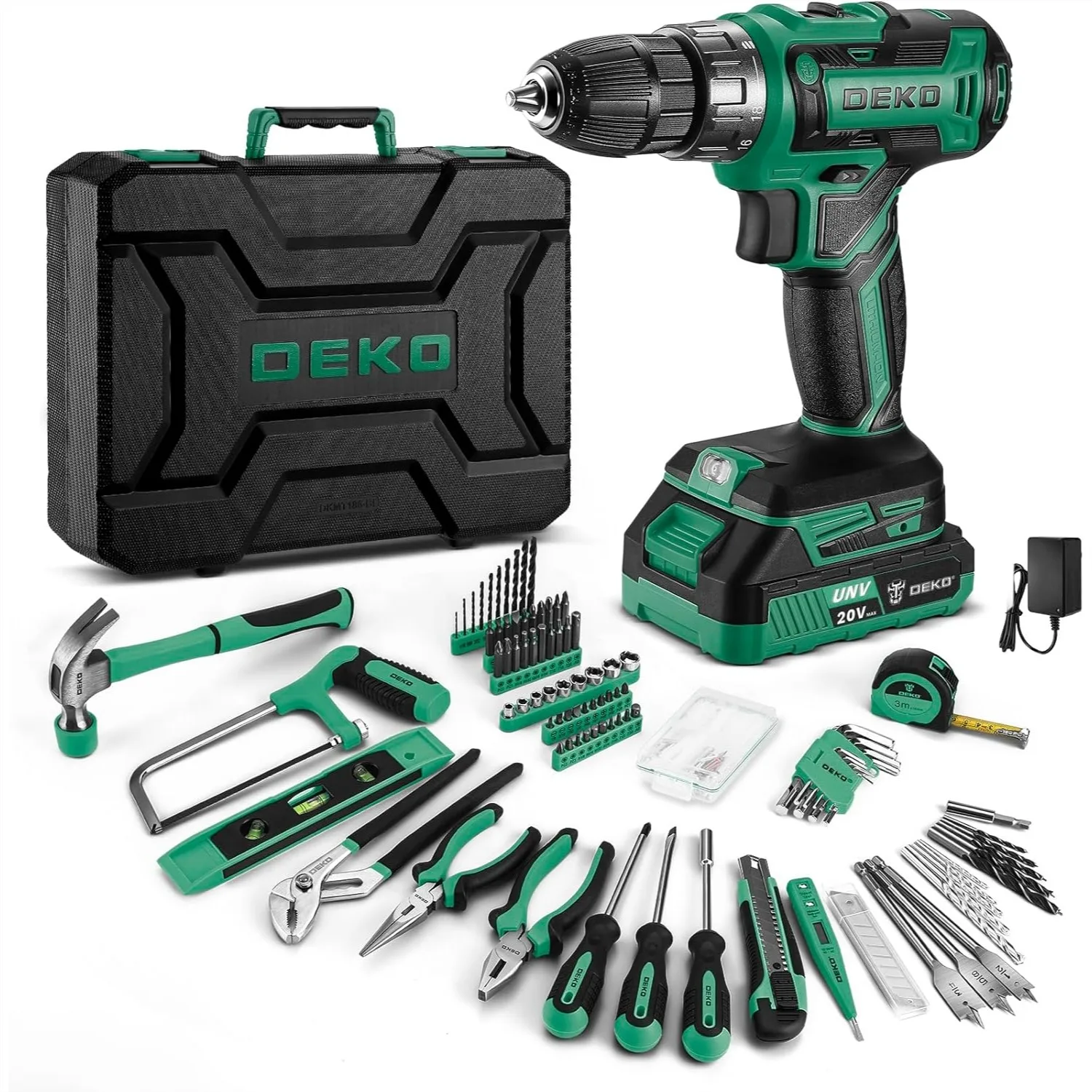 

20V Cordless Power Drill Tool Kit Set with Battery and Charger, Green Electric Drill Driver for Home Hand Repair Basic Toolbox