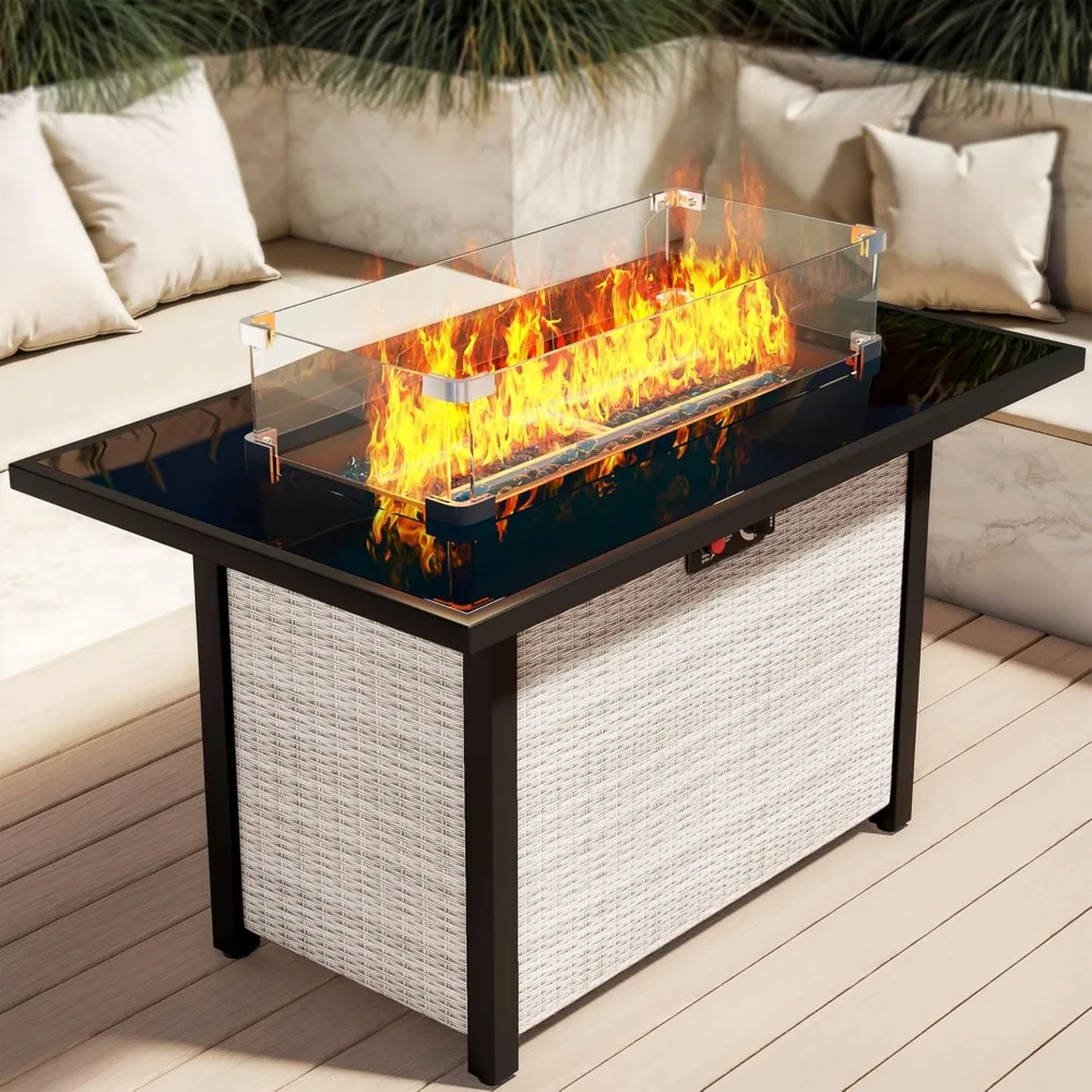 

Propane Fire Pit Table, Outdoor Fire Pit Table, 43 Rattan Square Outdoor Gas FirePit with Glass Wind Guard, Tempered Glass Table