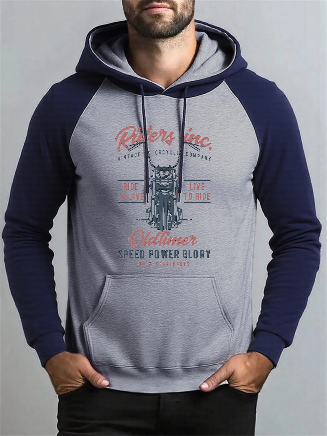 

Speed Power Glory Motorcycle Print Men Raglan Hoody Loose Y2K Sportswear Fleece Pocket Hoodies Autumn All-Match Clothing