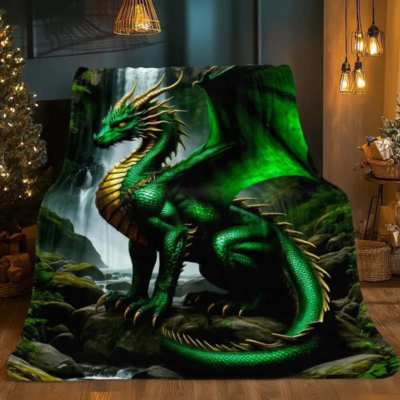 قطعة واحدة من بطانية الفانيلا خفيفة الوزن - رمي التنين الأخضر مع منظر شلال، مفرش سرير ناعم لجميع المواسم للتخييم المنزلي #2