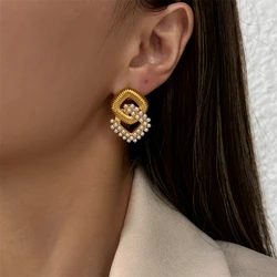 316L Stainless Steel 2025 New Fashion Waterproof Not Allergic Jewelry Retro Embed Pearls 2 Square Shapes Stud Earrings For Women