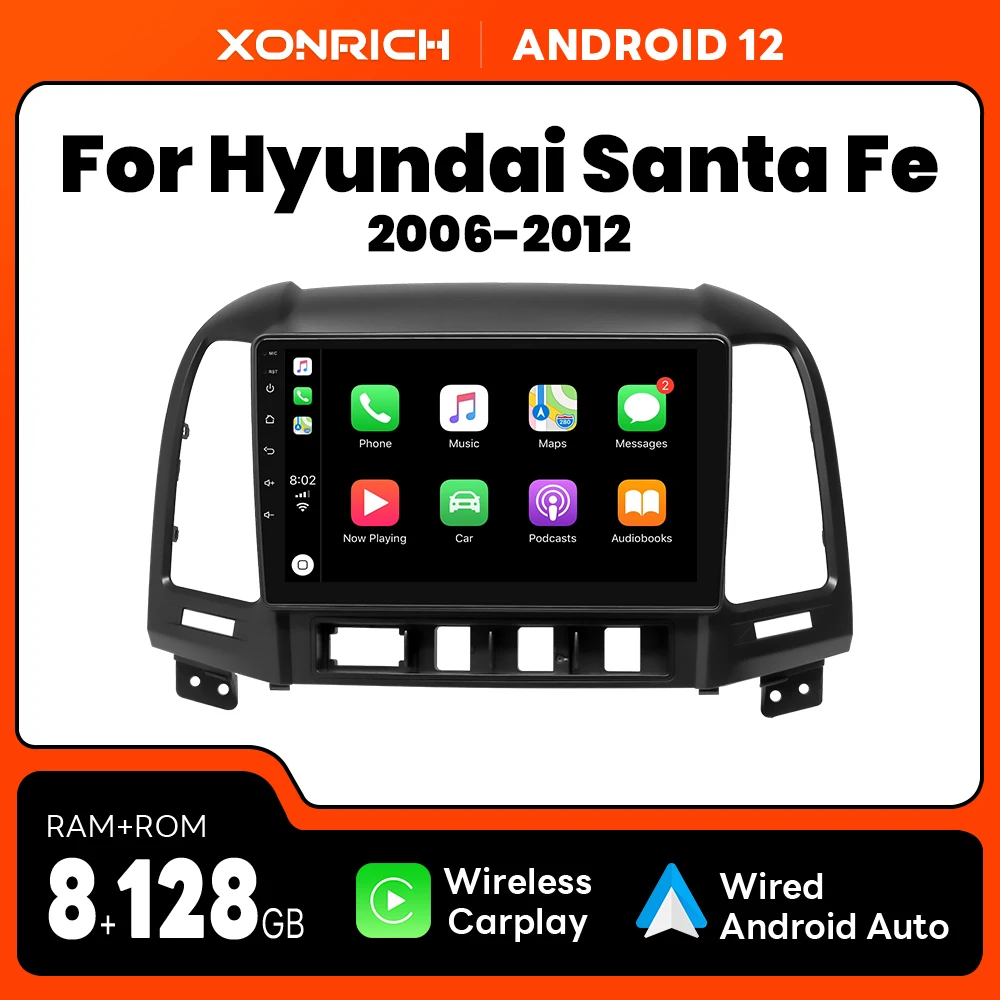 Wireless Carplay AI Voice Android 12 128GB Car Radio Player For Hyundai Santa Fe 2 2006-2012 Multimedia GPS RDS DSP IPS 4G Wifi