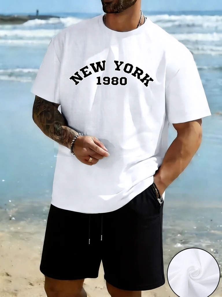 

New York 1980 Letter Creative Print Loose Clothes Men Set Basic Soft 16 Color Tees Cotton Sport Tee Shirts Running Summer Shorts