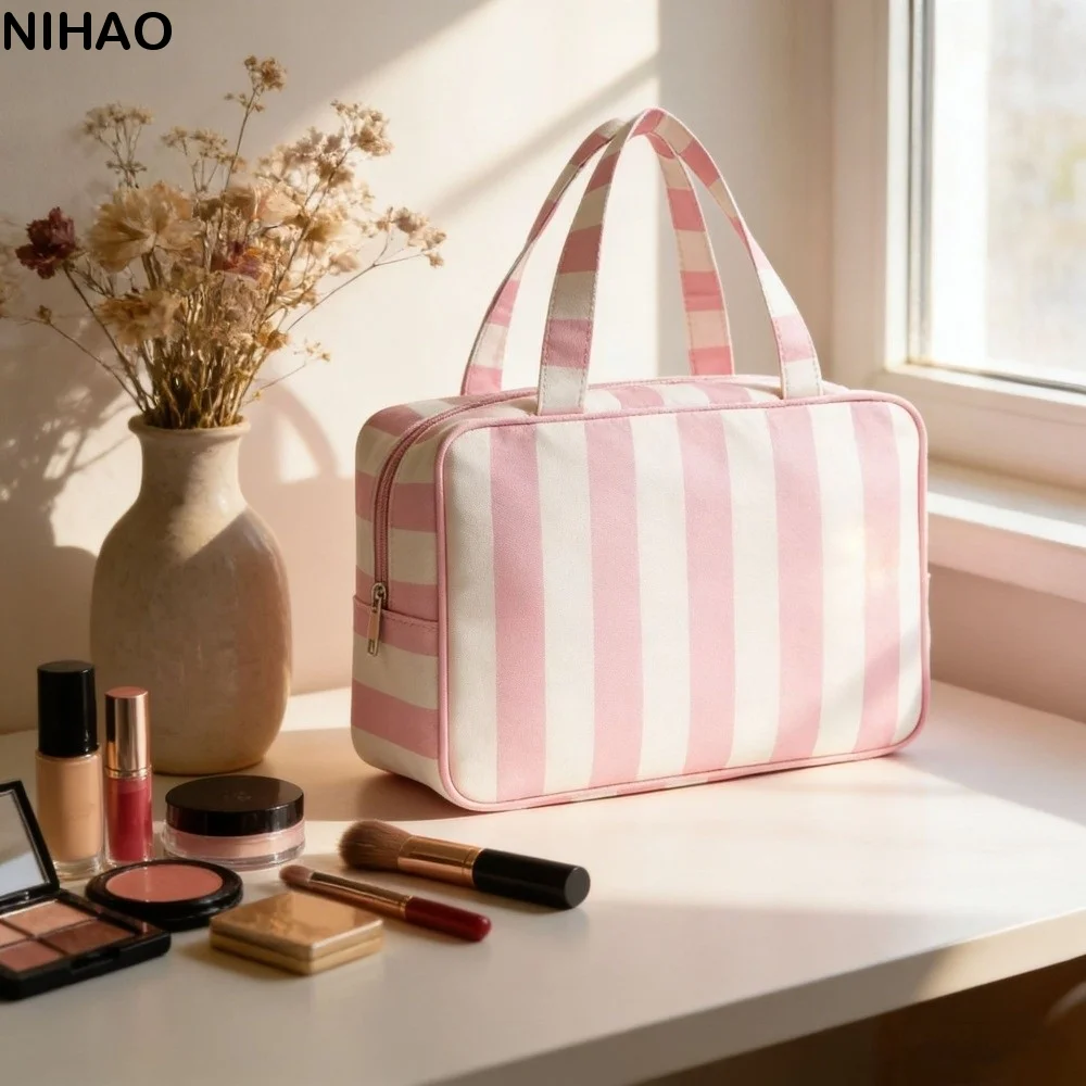 

Large Capacity Striped Toiletry Storage Bag Multi Compartment Collapsible Travel Makeup Bag Portable Durable Cosmetic Pouch