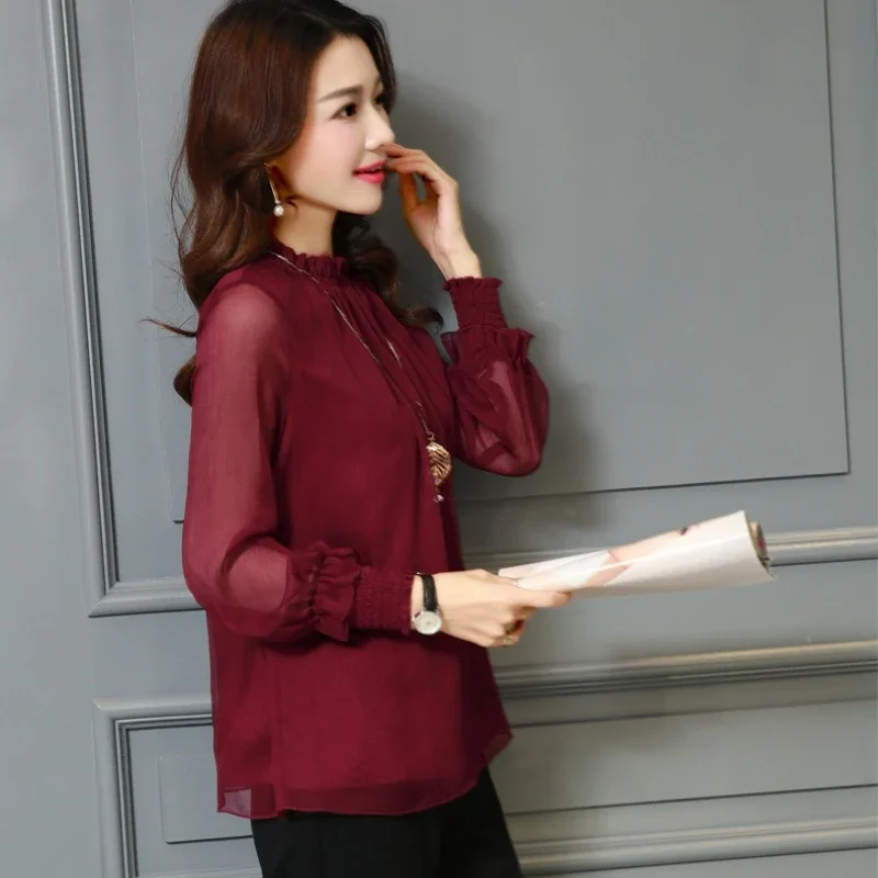 Blouses Women Elegant Design Ruffles Office Lady Retro Solid All-match Comfortable Simple Korean Style Fashion Classic Spring