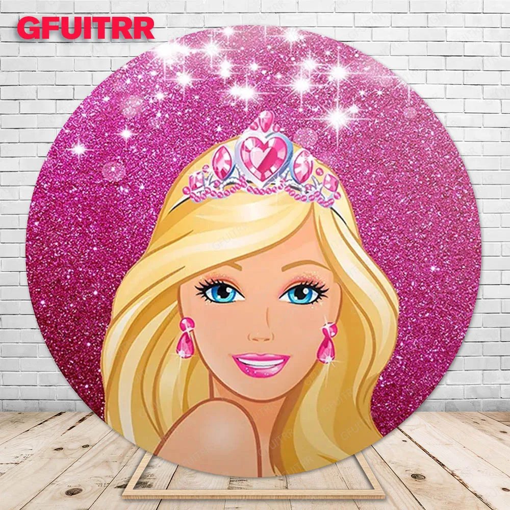 Barbie Princess Round Backdrop Kid Birthday Decoration Party Pink Photography Background Cylinder Cover Baby Shower Prop