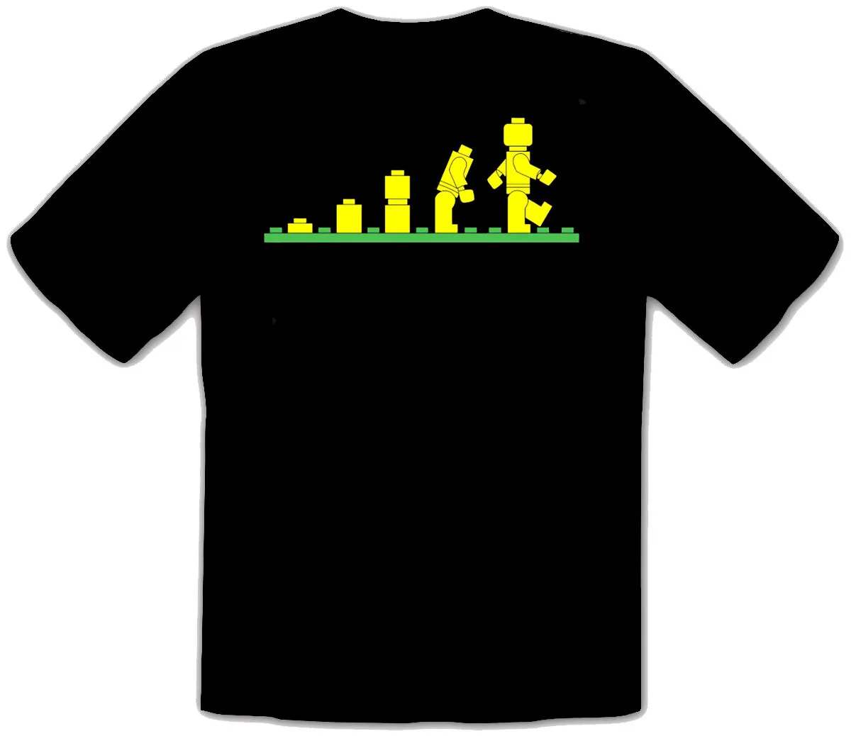 

Brick Evolution Creative T-Shirt Original Design Showcasing Step-by-Step Block-to-Figure Transformation with Retro Building Tops