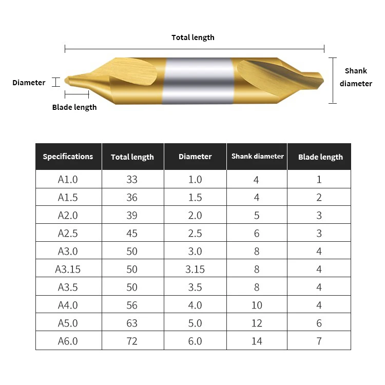 10pcs Stainless steel type A cobalt plated titanium positioning punch hole lathe Center Drill Bit with 60 degree chamfer