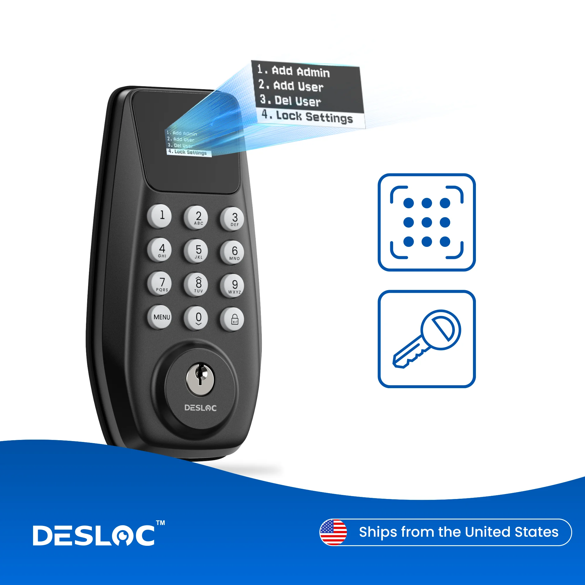 

DESLOC Keyless Entry Door Lock with Display, Keypad Deadbolt, Auto Lock, 100 PIN Codes, Passage Mode, 1-Year Battery Life