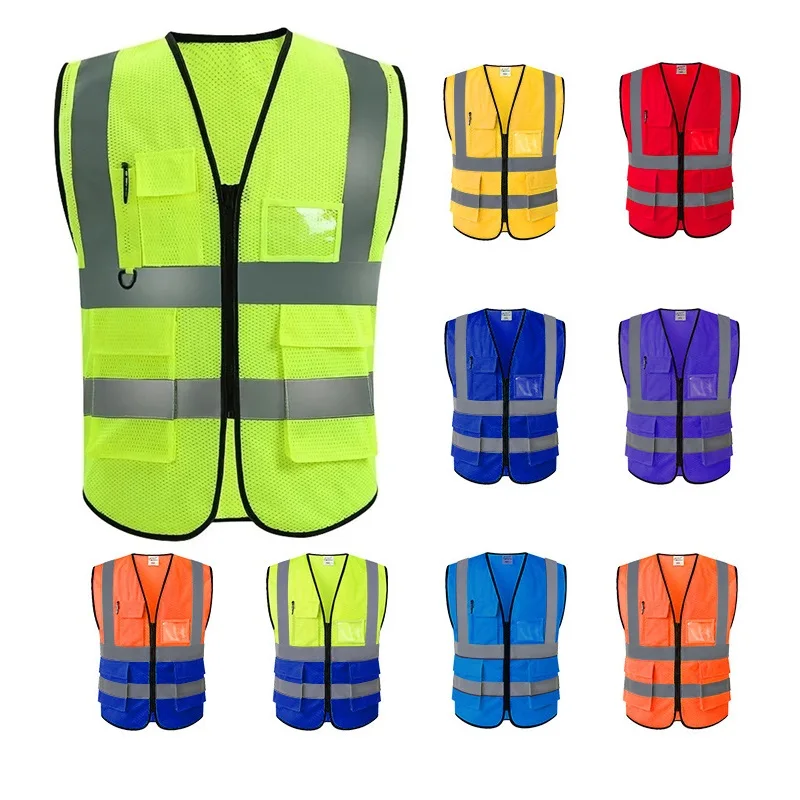 Summer Unisex High-Visibility Safety Vest with Pockets and Zipper Durable Mesh Material Ideal for Construction Outdoor Workers