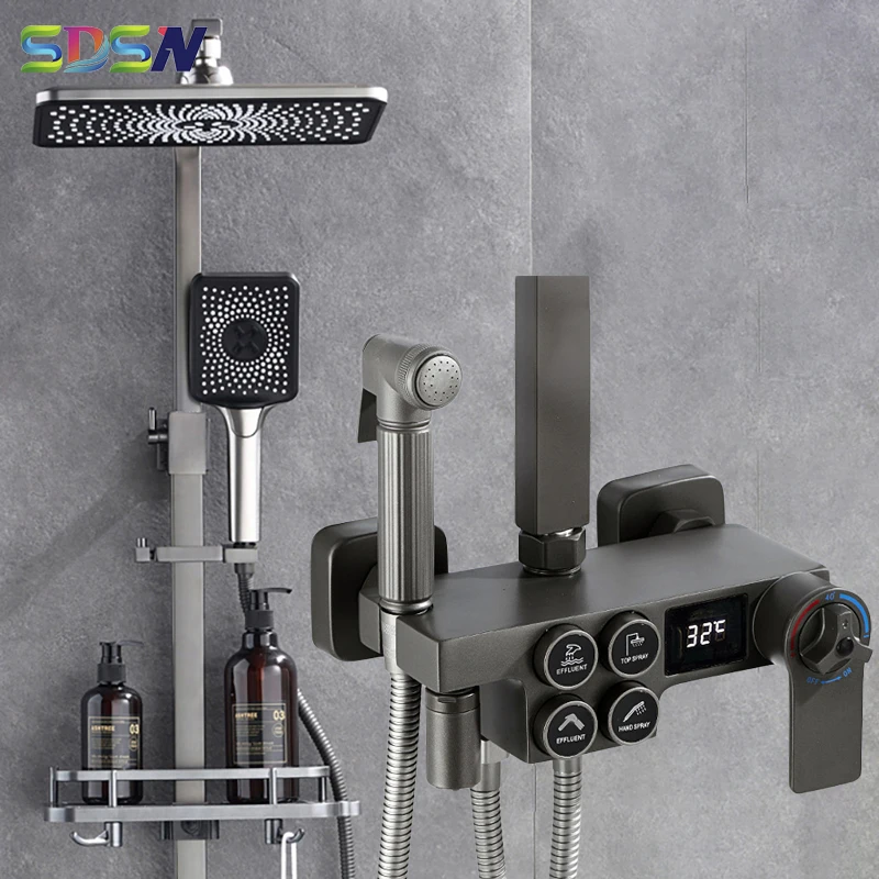 

Hot Cold Bathroom Faucets Quality Brass Thermostatic Bath Shower System Rainfall Shower Had Grey Digital Bathroom Shower Set