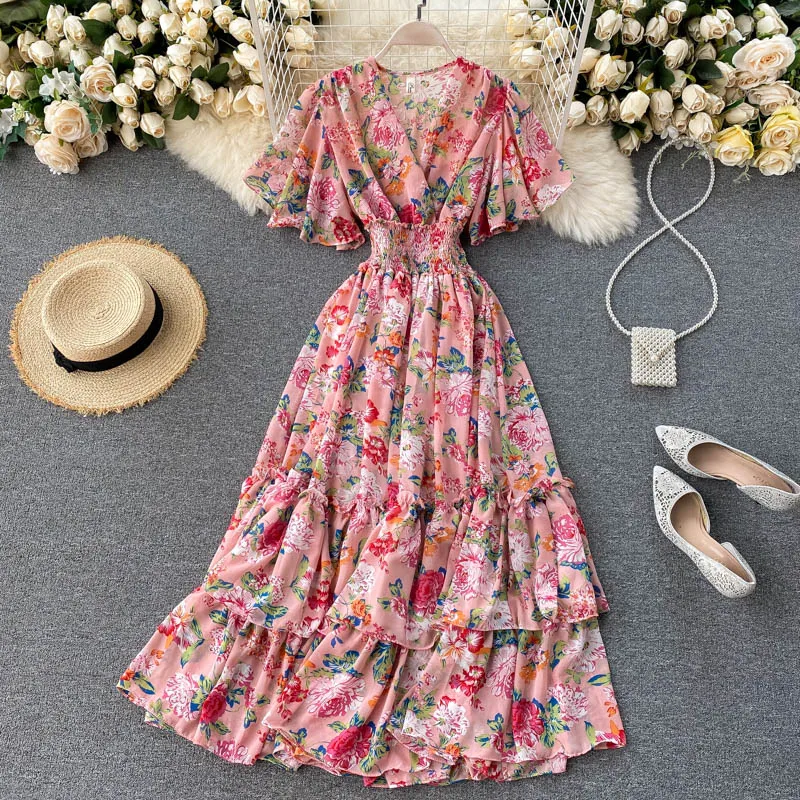 Retro Floral Print Ruffle Edge Long V-Neck Dress Women's Spring/Summer New Slim Fit and Waist Tight A-line Fairy Dresses