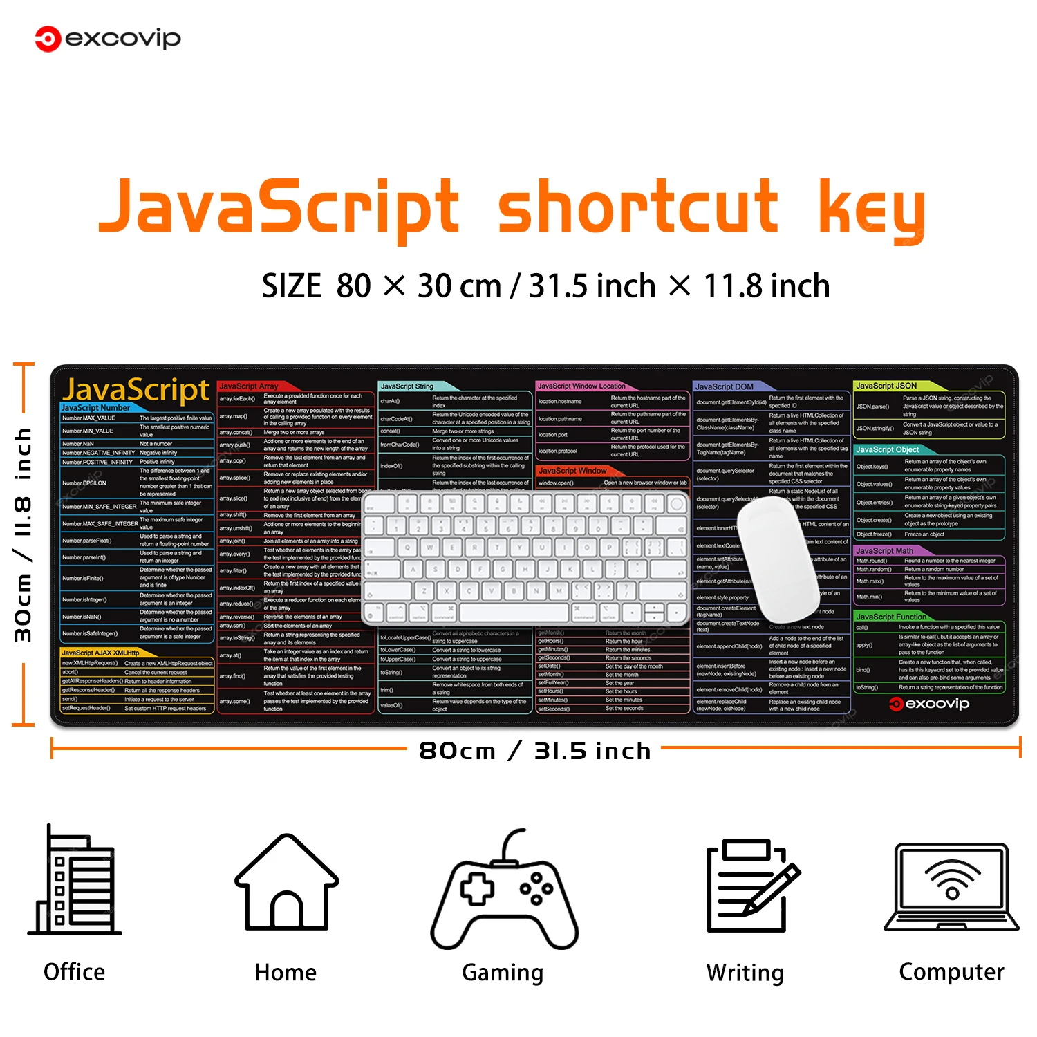 Alfombrilla de ratón con programación EXCO JavaScript, alfombrilla para teclado de atajos grandes, hoja de trucos, alfombrilla de escritorio para ingeniero Web, borde cosido antideslizante