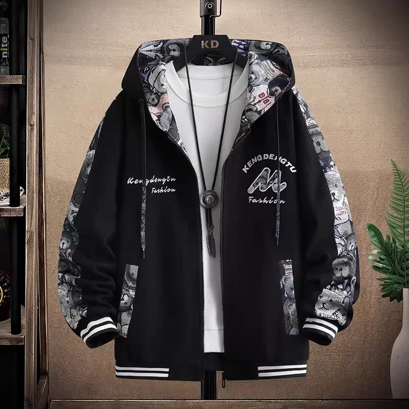 New Men's Hooded Zipper Jacket M-6XL Spring Autumn Korean Fashion Loose Top Male Coat Hooded Baseball Jersey Men's Clothing