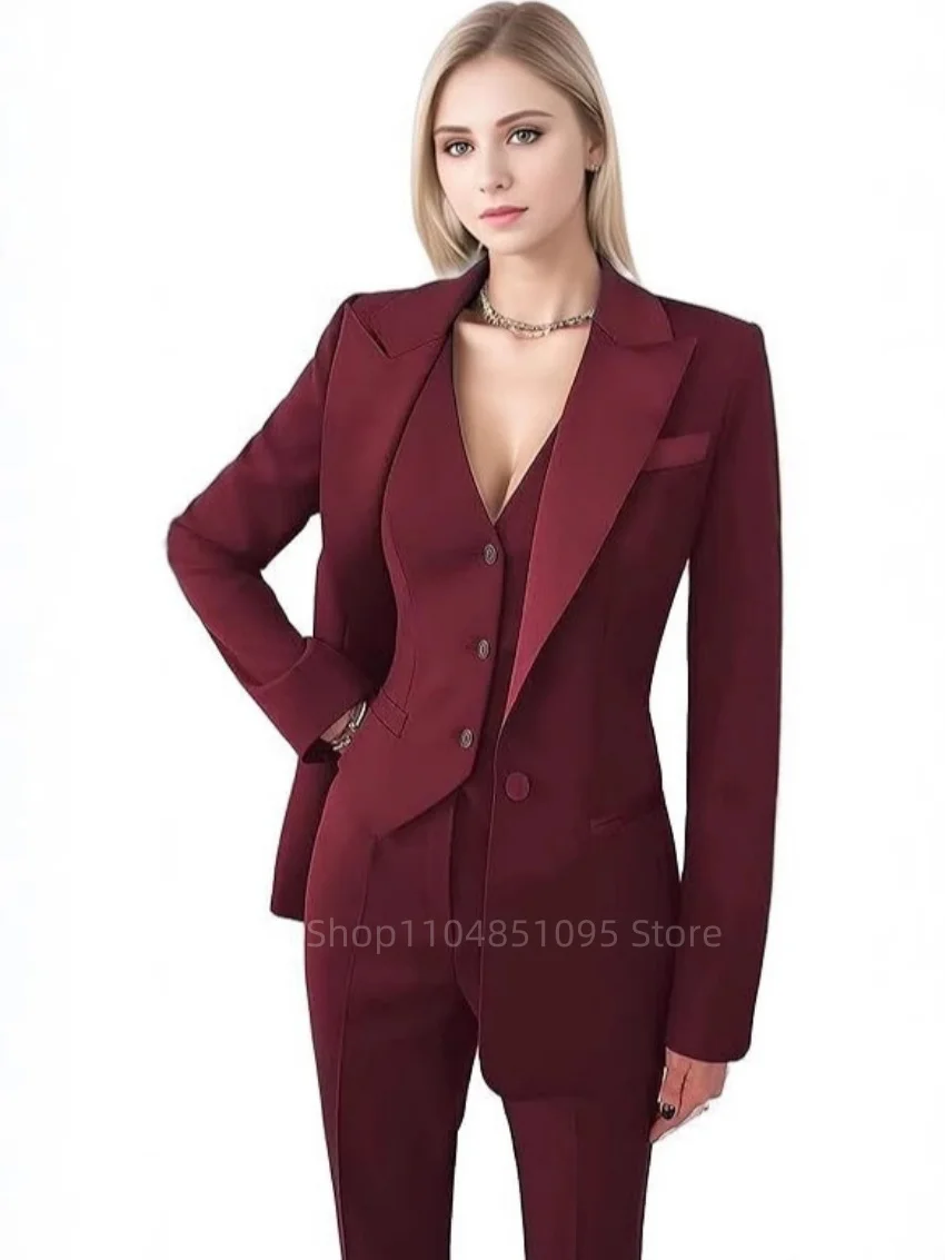 

Office Ladies Pantsuit Women Burgundy Business Classic Single Buttons Flared Pants Blazer Vest Pants Three Piece Set Formal Suit