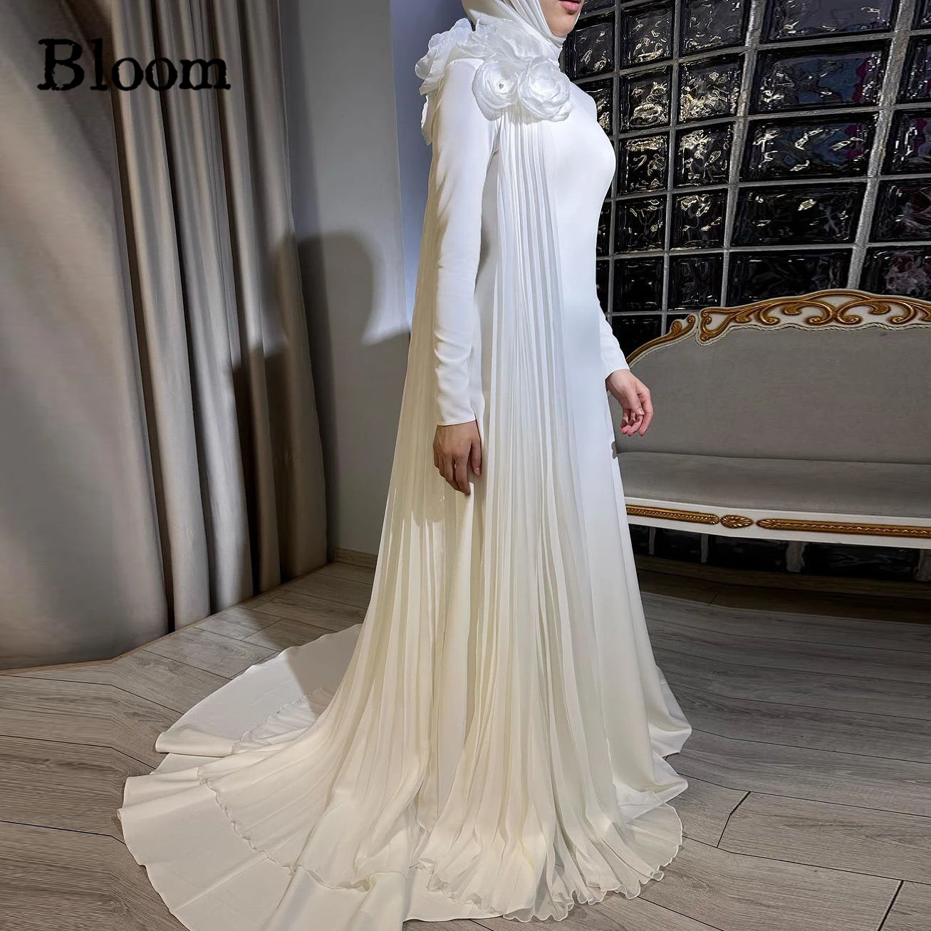 Bloom Handmade Flowers White Smooth Prom Dresses Long Sleeves Muslim Elegant Evening Dresses Formal Wedding Party Dress