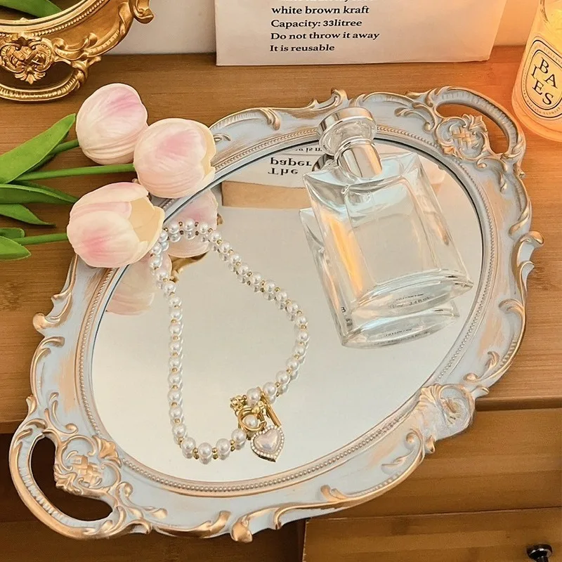 Palace Style Retro Makeup Mirrors Embossed Vanity Mirror Desktop Jewelry Storage Display Trays Multifunctional Practical Mirror