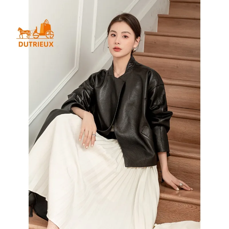 2025 New Autumn Women's Short Black Leather Jacket, Fashion and Elegant 100% Genuine Sheepskin Loose Women's Coat