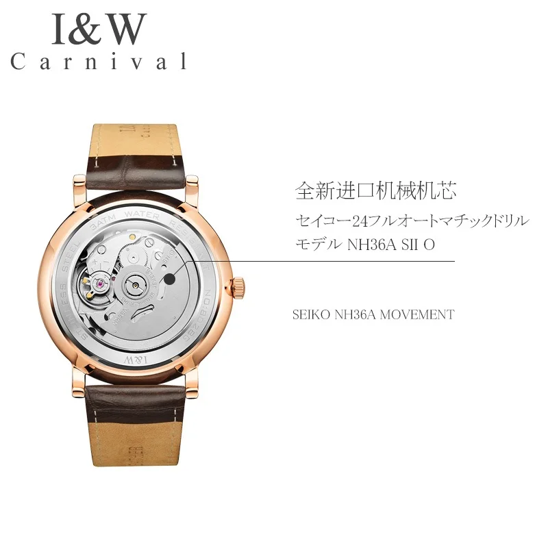 Carnival I&W Original Mens Automatic WristWatches Japan Seiko Mechanical Movement Watche Ultra-Thin Business Clock Reloj Hombre