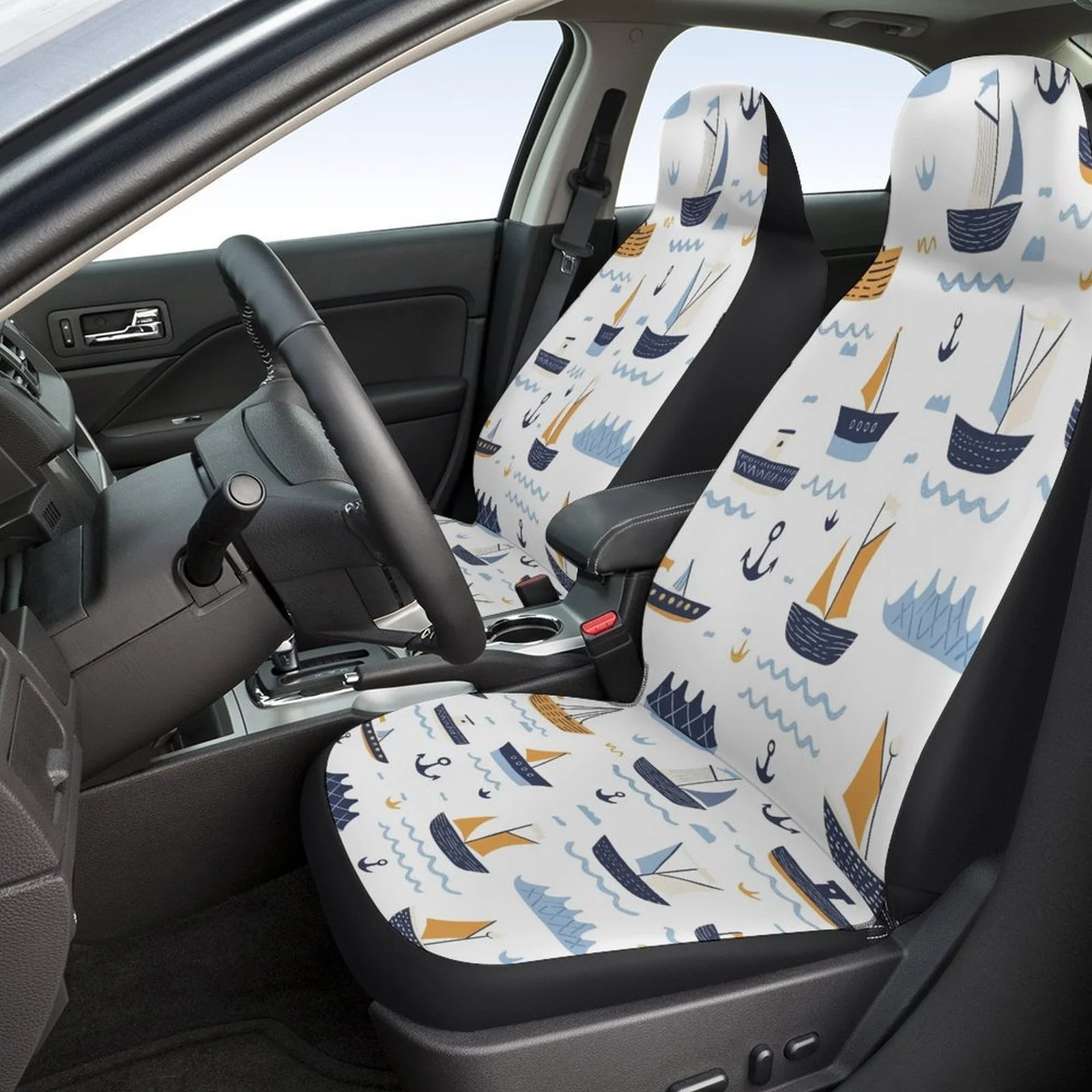 Set Of Car Seat Covers Featuring A Boats And Anchors Design, Suitable For Various Vehicles. Stylish And Custom-Made, These High-