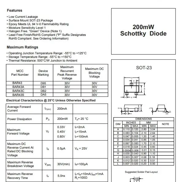 (100 pcs) BAR43S-TP SOT-23 - Schottky Diode Array Series 30V 200mA 800mV